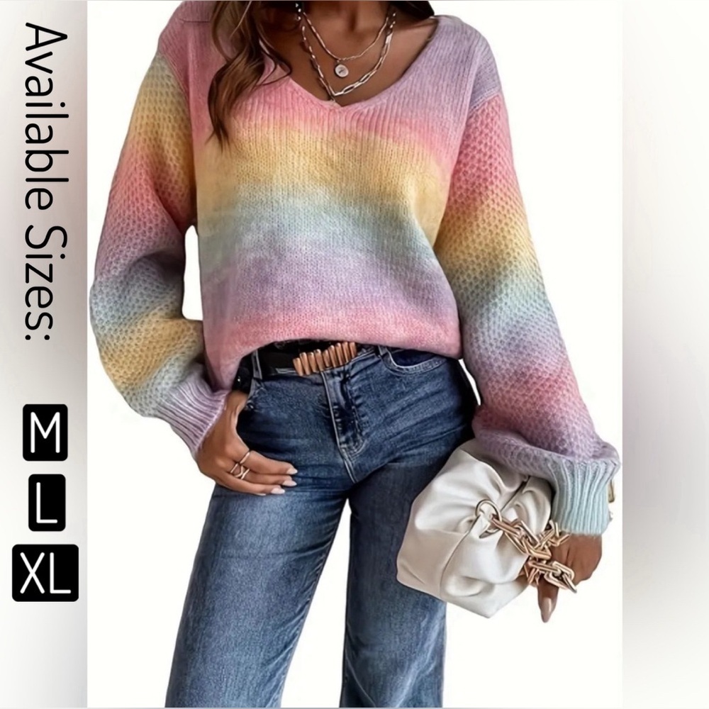 NEW-Rainbow V Neck Pullover Sweater